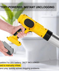 Top Tier Cordless Electric Toilet Plunger Packs A Hella Kick Of Eighty Seven Psi Pressure To Smash Stubborn Clumps Fast And Keep Your Home Plumbing System Clear Daily, showing yellow cordless design and battery attachment.