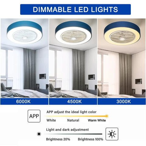 22 Inch Enclosed Low Profile Ceiling Fan With Light And Remote, Dimmable LED, 3 color temperatures in a modern bedroom setting