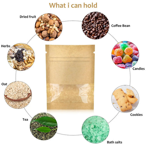 Image of 100 Pack Resealable Mini Kraft Bags With Window For Samples showcasing various contents like coffee beans and bath salts.