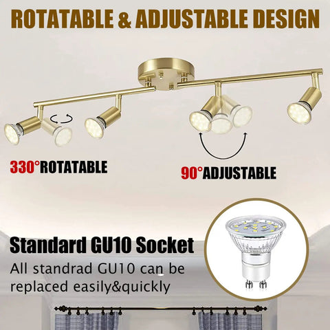 Gold Finish LED 4 Light Track Lighting Kit With Rotatable Heads And Foldable Track Fixtures, ceiling installation demo
