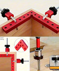 Seven Piece 90 Degree Precision Right Angle Clamp Set For Woodworking And Frame Making Keeps Corners Square In Picture Frames Boxes Drawers And Cabinets Boosting Your Pro Crafting Workflow And Accuracy red metal clamps holding a wood corner