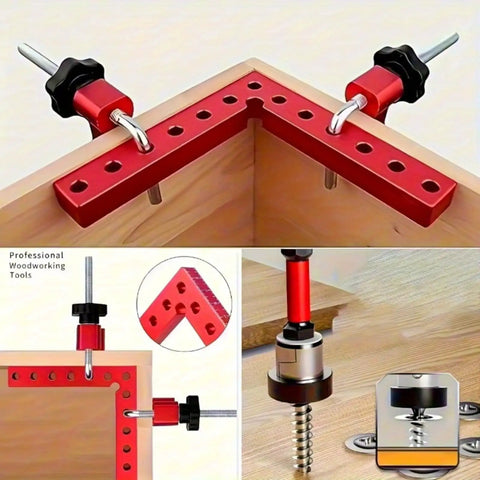 Seven Piece 90 Degree Precision Right Angle Clamp Set For Woodworking And Frame Making Keeps Corners Square In Picture Frames Boxes Drawers And Cabinets Boosting Your Pro Crafting Workflow And Accuracy red metal clamps holding a wood corner