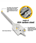 Close-up of spade drill bit from 13 Piece Spade Drill Bit Set One Quarter To One And One Half Inch With Quick Change Hex Shank For Woodworking And Plastic Hole Cutter, 45 High Carbon Steel Paddle Bits For Durable Woodworking Tools By Wisechain with hex shank and 45 high carbon steel stamp.