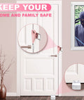 Pink 4 Pack Portable Door Locks With Door Stop Alarms For Extra Privacy And Home Security Easy Tool Free Setup For Travel Hotels Dorms Apartments College Students, shown securing a door with visual alerts.