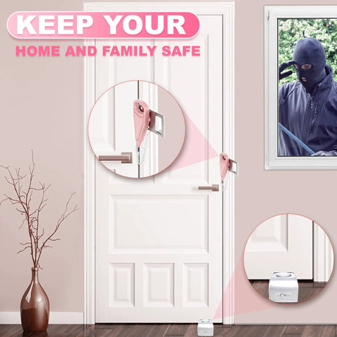 Pink 4 Pack Portable Door Locks With Door Stop Alarms For Extra Privacy And Home Security Easy Tool Free Setup For Travel Hotels Dorms Apartments College Students, shown securing a door with visual alerts.