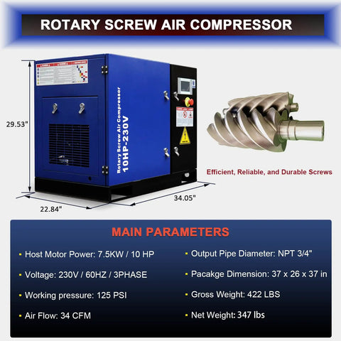 Heavy Duty 10HP Industrial Rotary Screw Air Compressor, 34CFM At 125 PSI, Low Noise 62 DBCabinet For Workshop Manufacturing, Continuous Duty 230V 3Phase Power