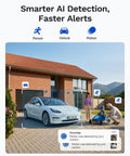 Solid Build 2K Dual Lens Outdoor Security Camera With Pan Tilt Control And Around The Clock Wireless Monitoring For Hella Secure Home Perimeter Coverage And Zero Hassle Setup showing AI detection of a white car and a family.