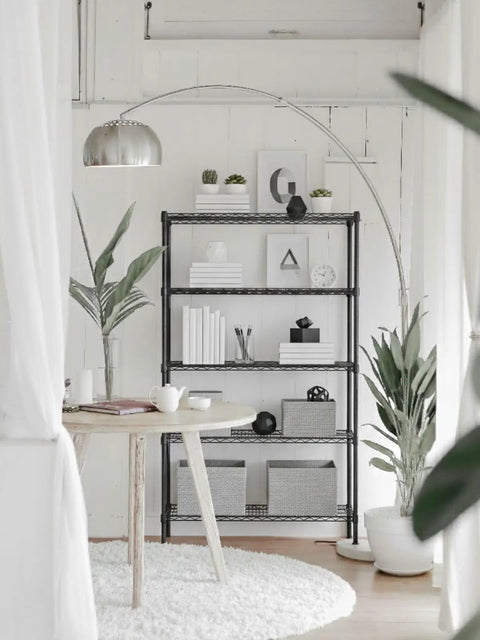 Beefy 5 Tier Metal Adjustable Freestanding Garage Storage Wire Shelving Unit 36 In W x 72 In H x 14 In D in a living room