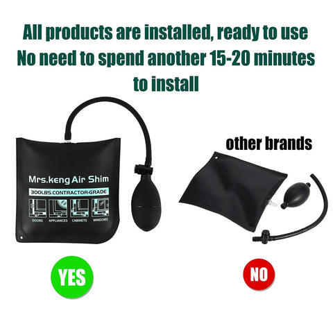 Comparison of Air Wedge Bag Kit Three Size Set With 500 Lb Rating showing ease of use and quick installation over other brands.