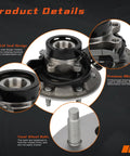 Detailed view of the 2WD Front Right Wheel Hub And Bearing Assembly For Chevrolet Colorado, GMC Canyon, And Isuzu i280, i290, i370 With ABS And 6 Lug Pattern Premium Aftermarket Replacement Built For Durability And Easy Installation showing key features such as quad lid seal design, premium alloy, and steel wheel bolts.
