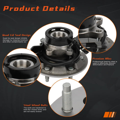 Detailed view of the 2WD Front Right Wheel Hub And Bearing Assembly For Chevrolet Colorado, GMC Canyon, And Isuzu i280, i290, i370 With ABS And 6 Lug Pattern Premium Aftermarket Replacement Built For Durability And Easy Installation showing key features such as quad lid seal design, premium alloy, and steel wheel bolts.