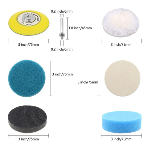 Headlight Restoration Kit With 3 Inch Polishing Sanding Discs And 1 Fourth Inch Shank Backing overview of components