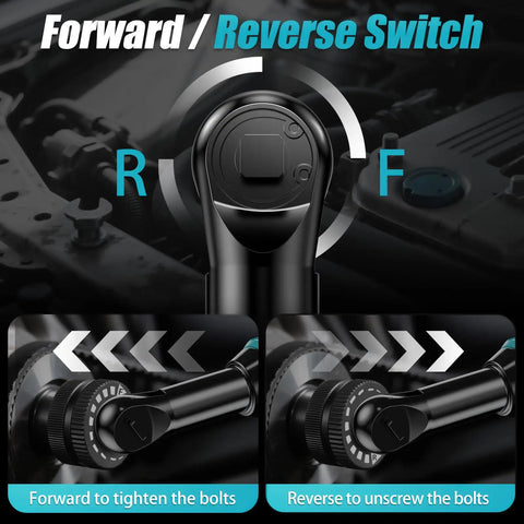 21V Cordless Ratchet Wrench Kit With 60 Ft Lbs Torque, 400 RPM, showing forward and reverse switch mechanism for bolts