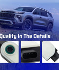 Front Grille Active Aero Shutter Motor Oem Replacement 84375398 shown with Chevy Equinox, detail images of motor design.