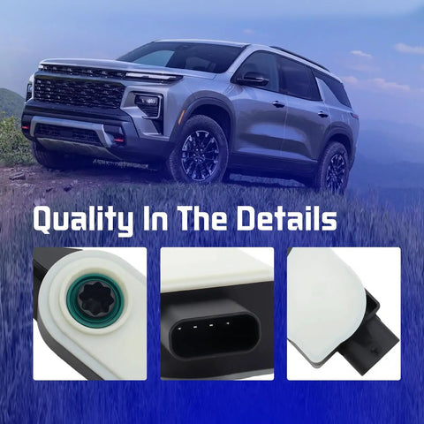 Front Grille Active Aero Shutter Motor Oem Replacement 84375398 shown with Chevy Equinox, detail images of motor design.