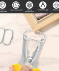 Get A Sweet Deal On This 18Pc Miter Spring Clamp And Pliers Kit, Made With Premium Stainless Steel For Tough Woodworking Jobs, Includes Carabiner Hooks Plus Storage Ring To Keep Your Tools Neat And Ready For Any Project Right Now. stainless steel spring clamp pliers securing a wooden frame corner for woodworking