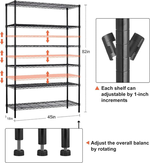 Heavy Duty 6 Tier Wire Shelving Rack On Wheels NSF Certified Steel Shelves With 2100Lbs Capacity Adjustable Height Beefy Construction Built To Last Ideal For Closet Pantry Basement 18x45x82 Inches Black, 18x45x82 rack with adjustable shelves