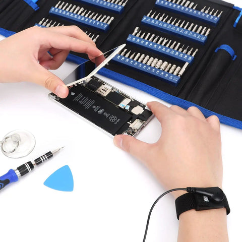 Person using 11 Inch Anti Static Wrist Strap Grounding Bracelet With Adjustable Wristband And Alligator Clip ESD Safe Wristband Extra Long Cord