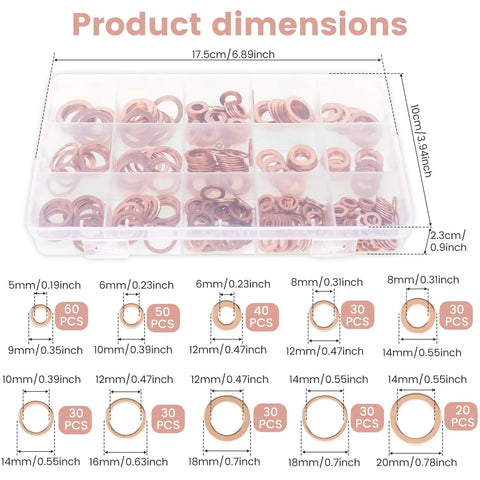 Must Have 350 Piece Copper Crush Washer Kit With M5 M14 Red Flat Rings For Oil Drain Plugs Brake Lines Banjo Bolts Marine Hydraulic Plumbing Stop Leaks With This Set For Car Truck Repairs Rock Solid Seals And Performance For DIYers And Pros dimensions case with assorted copper washers