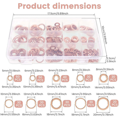 Pro Top Tier Copper Metric Sealing Crush Washers Setup 350 Pieces 10 Sizes oil drain washer kit in organizer