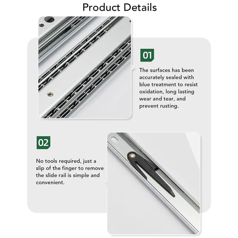 Close-up of Heavy Duty Self Locking Drawer Slides 12 Inch Side Mount Extension Glides featuring a sealed surface to resist rust.