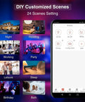 Phone app showing DIY scene settings with images for night, reading, working, party, leisure, sleep, birthday, bath.