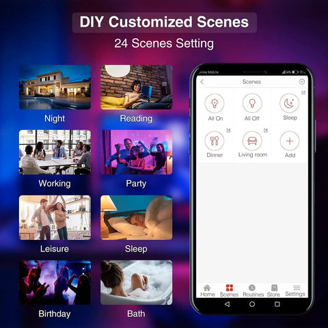 Phone app showing DIY scene settings with images for night, reading, working, party, leisure, sleep, birthday, bath.