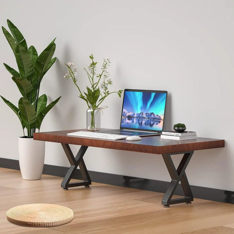 Heavy Duty 16 Inch Metal Bench And Table Leg Set In Black With Z Shape Design Built To Last DIY Ready Furniture Legs supporting a wooden table.