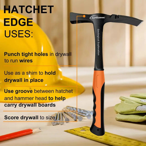 36 Oz Rock Pick Hammer Heavy Duty Masonry and Bricklayer Tool With Comfortable Rubber Grip on workbench with construction tools
