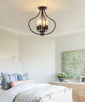 Go-To Four Light Farmhouse Semi Flush Ceiling Light In Black, Modern Industrial Flush Mount Chandelier over bedroom setting