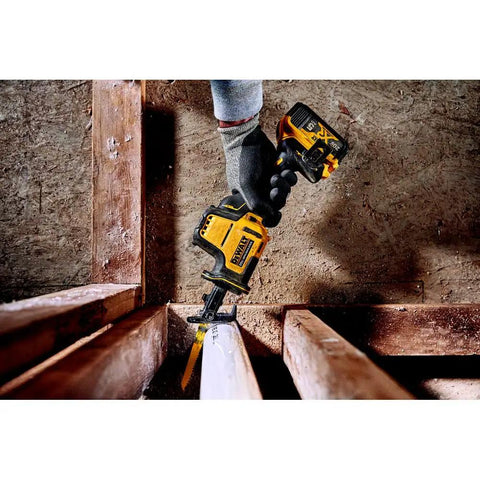 Using Atomic 20V Max One-Handed Cordless Reciprocating Saw Tool Only With Brushless Motor in tight wood space, side view