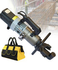 Beefy 1800W Motor Electric Rebar Cutter and Bender with Tool Bag, shown with handle and steel rebar background.