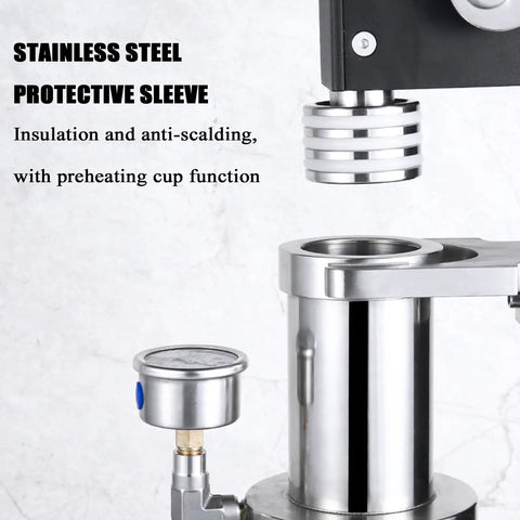 Rugged Hand Pressed Espresso Machine Using Manual Lever And Pressure Chamber Plus Portable Bottomless Coffee Maker For Zero Fuss Brewing showing stainless steel protective sleeve and pressure gauge.