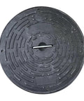 Manhole Cover And Frame Made From PE Plastic With Handle, top view of round heavy-duty septic tank lid for yard or driveway.