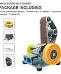 Built Like A Tank Mini Belt Sander And Polisher with included wax buffer, power cable, and hex wrenches for versatile use.