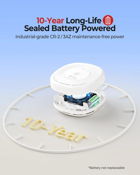 10 Year Sealed Battery Smoke Detector With Photoelectric Sensor No Fuss Low Maintenance Home Alarm For Apartments And Houses Long Lasting Lithium Power For Busy Landlords And Homeowners, white round unit with cutaway battery view