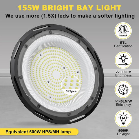 Ultra Bright 155W UFO LED High Bay Light With 22500 Lumen Output, 5000K Daylight, IP65 Waterproof, close-up view