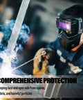 Man wearing Auto Darkening Welding Mask With Intelligent Sensitive Filters Dust Protection And Adjustable Straps For MIG TIG Stick Plasma Cutting And Grinding Eye Safety Gear For Pro Welders