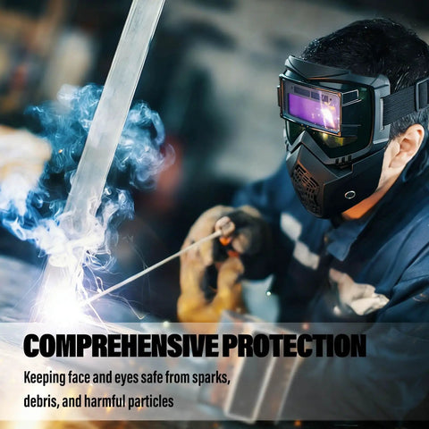 Man wearing Auto Darkening Welding Mask With Intelligent Sensitive Filters Dust Protection And Adjustable Straps For MIG TIG Stick Plasma Cutting And Grinding Eye Safety Gear For Pro Welders