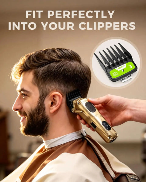 Barber using Color Coded Hair Clipper Guard Set With Ten Size Attachments From One Sixteenth Inch To One Inch on client