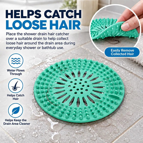5 Pack Shower Drain Hair Catcher, 5.3 Inch Covers for Bathtub, green silicone hair catcher with drainage holes and spikes.