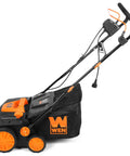 Side view of 2-In-1 Electric Dethatcher And Scarifier With 15-Inch Clearing Path, 13-Amp Motor, 3300 RPM, 24 Steel Tines, Height Adjustable Plus 12-Gallon Collection Bag