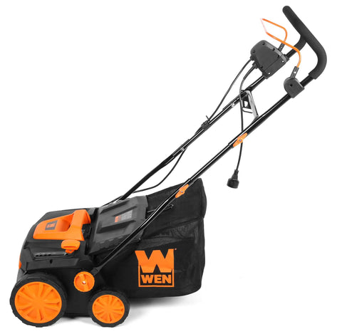 Side view of 2-In-1 Electric Dethatcher And Scarifier With 15-Inch Clearing Path, 13-Amp Motor, 3300 RPM, 24 Steel Tines, Height Adjustable Plus 12-Gallon Collection Bag