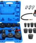 weyleity turbo system leakage tester kit, 12-piece with gauge, hose, and stepped adapters in blue case.