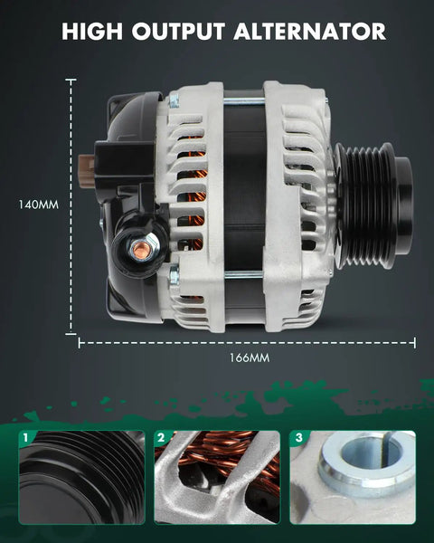 Side view of High Output 130A Alternator Replacement for Honda Pilot 2012 2015 Odyssey 2011 2013 Ridgeline 2012 3.5L V6 CW Six Groove Belt Drive