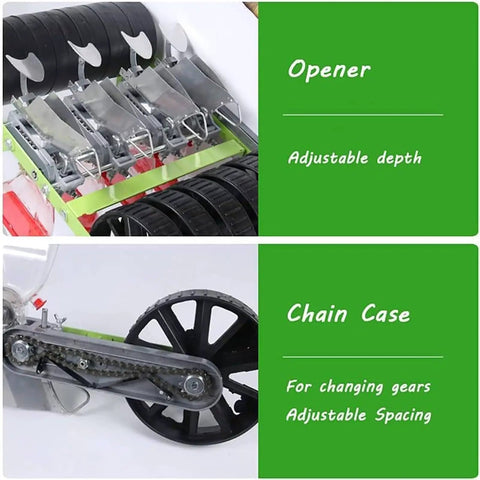 Precision Hand Push Garden Seeder With Adjustable Plant Spacing And Walk Behind Row Crop Planter chain mechanism close-up