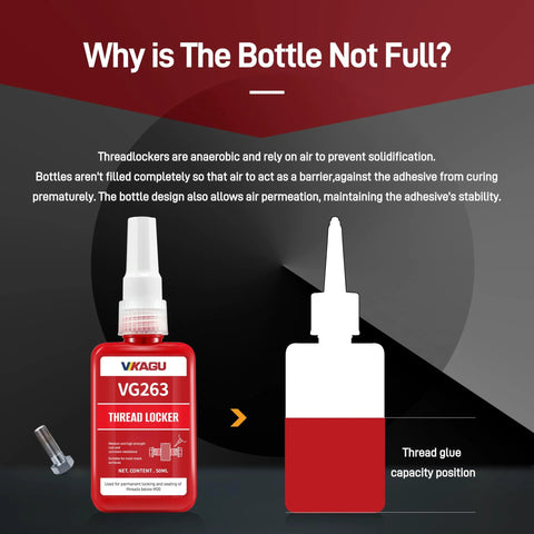 Red high-strength threadlocker for M25 bolts in partially filled bottle to allow air permeation and prevent premature solidification.