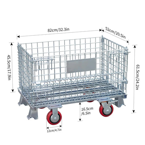 Beefy Heavy-Duty Collapsible Wire Mesh Cart With Casters 32x20x24 Steel Storage Bin 1500 Lb Capacity Stackable Industrial Tote For Warehouse Factory And Workshop dimensions view
