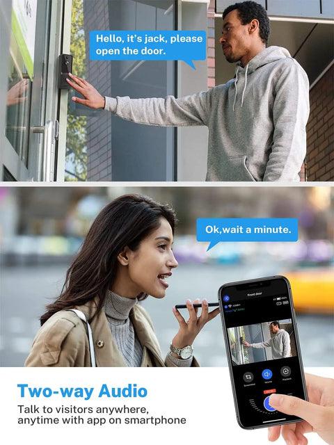 Wireless Doorbell Camera With Two Way Audio And Night Vision For Indoor Outdoor Use, smartphone app interface displayed.
