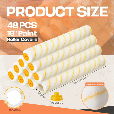 Top Tier 48 Pieces 18 Inches Paint Roller Covers Crafted With Plush Microfiber For A No Sweat Home Wall Project Heavy Duty Fast Drying Yellow 3 8 Nap Roll Cover Kit displaying size and design.